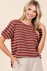 Rust Textured Knit Striped Puff Sleeve Maternity Top