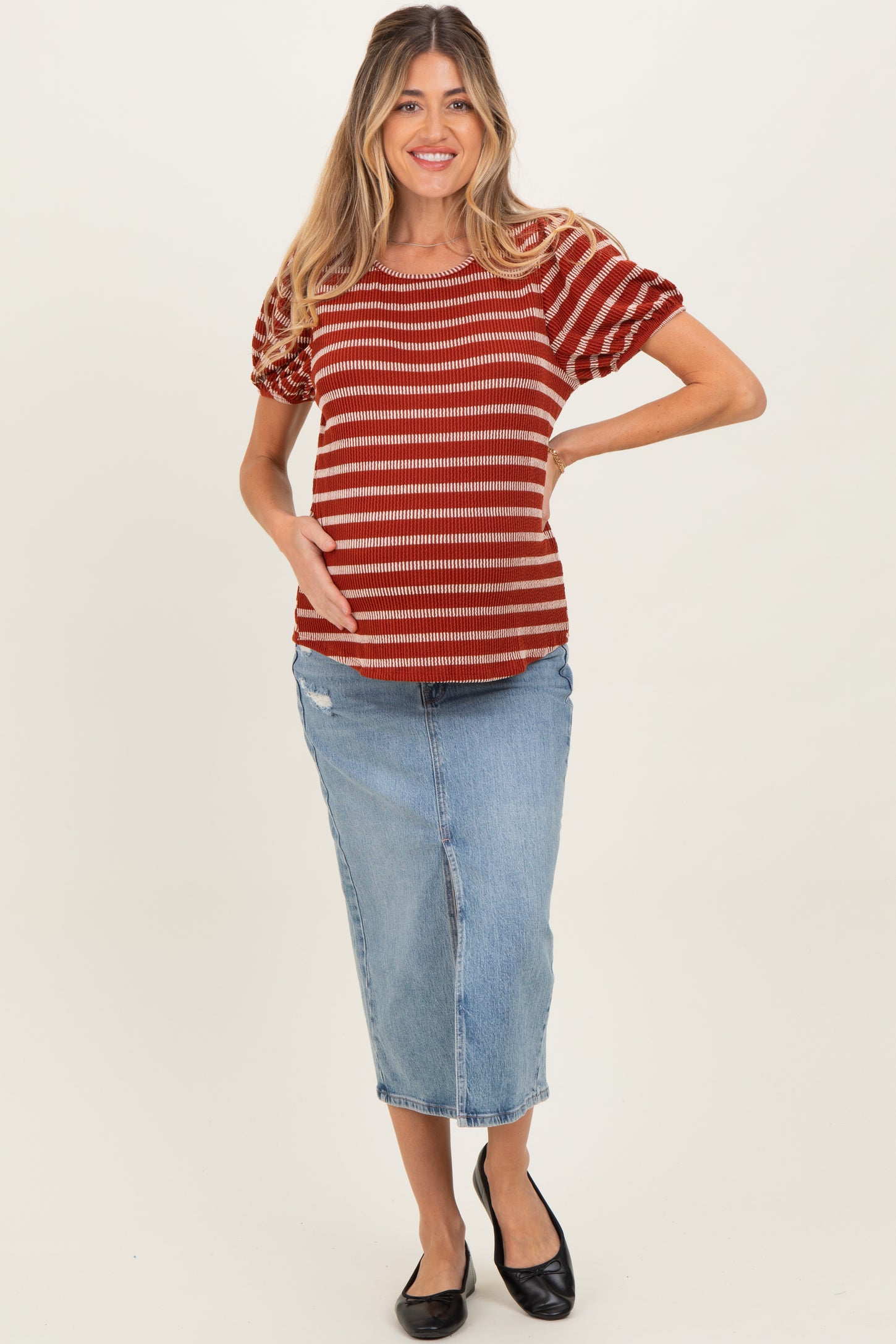 Rust Textured Knit Striped Puff Sleeve Maternity Top