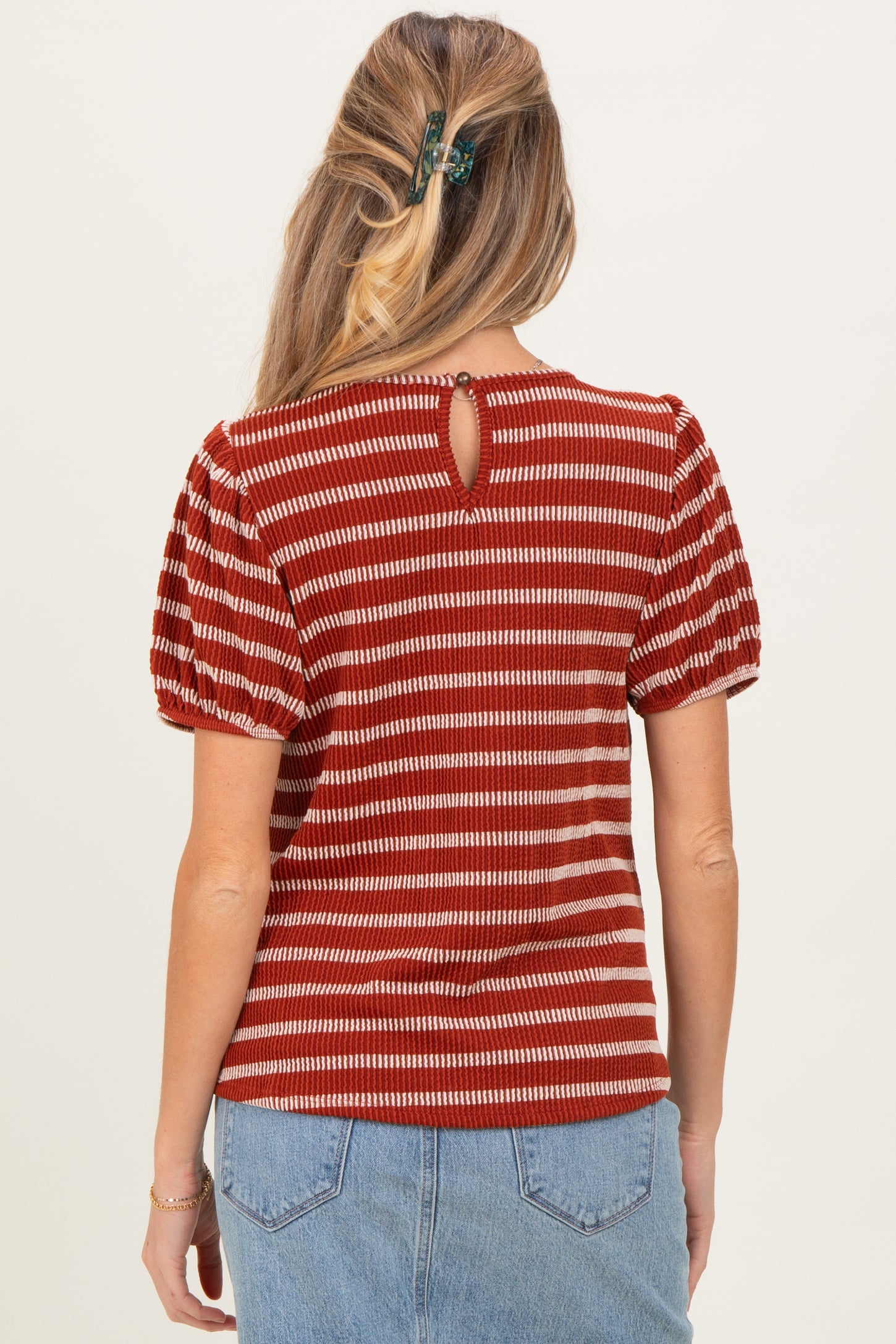Rust Textured Knit Striped Puff Sleeve Maternity Top