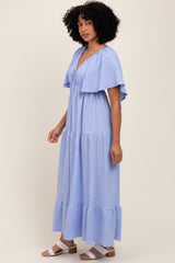 Light Blue Woven Textured Flutter Sleeve V-Neck Tiered Maxi Dress