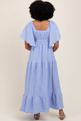 Light Blue Woven Textured Flutter Sleeve V-Neck Tiered Maxi Dress