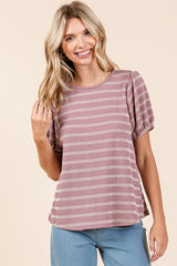 Pink Textured Knit Striped Puff Sleeve Top