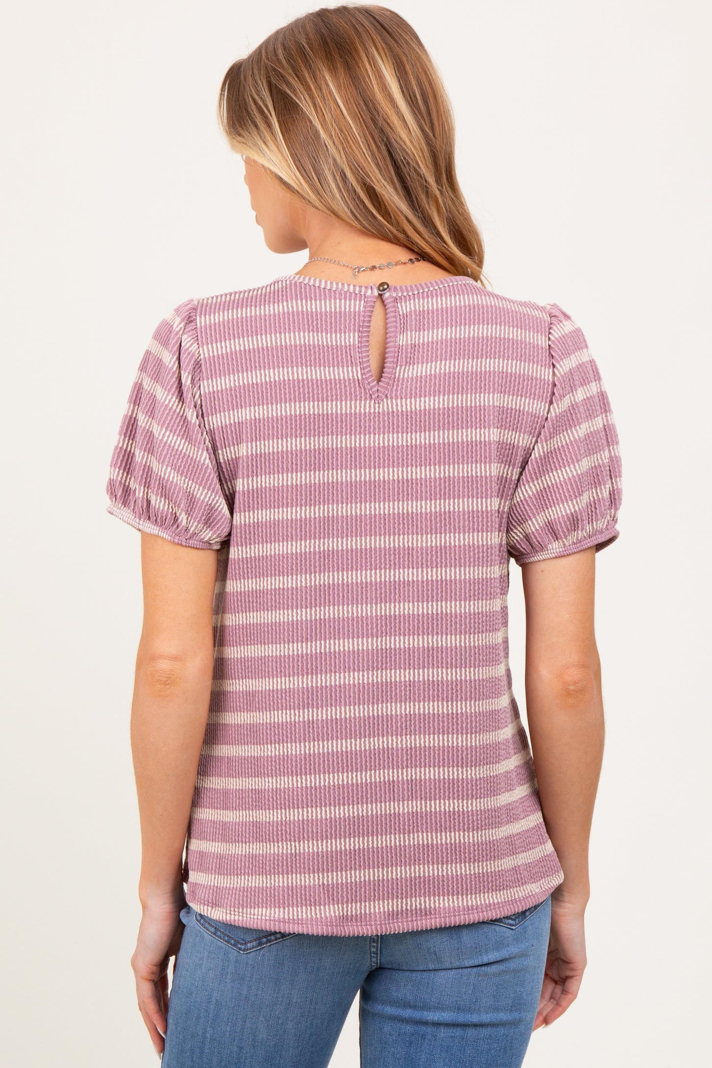 Pink Textured Knit Striped Puff Sleeve Maternity Top