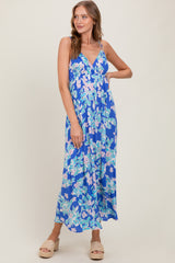 Blue Floral V-Neck Double Strap Maxi Dress