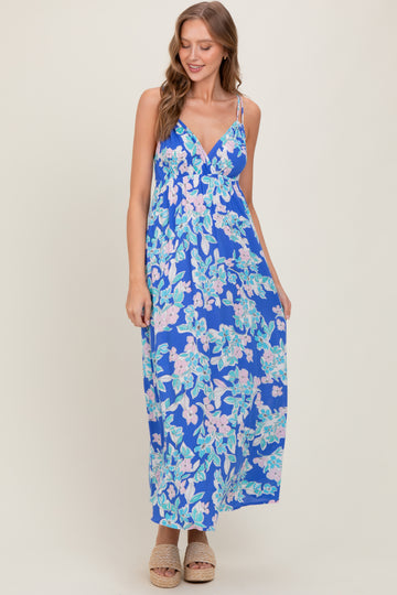 Blue Floral V-Neck Double Strap Maxi Dress