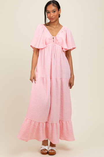 Light Pink Woven Textured Flutter Sleeve V-Neck Tiered Maxi Dress