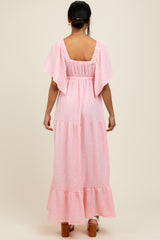 Light Pink Woven Textured Flutter Sleeve V-Neck Tiered Maxi Dress
