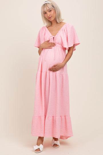 Light Pink Woven Textured Flutter Sleeve V-Neck Tiered Maternity Maxi Dress