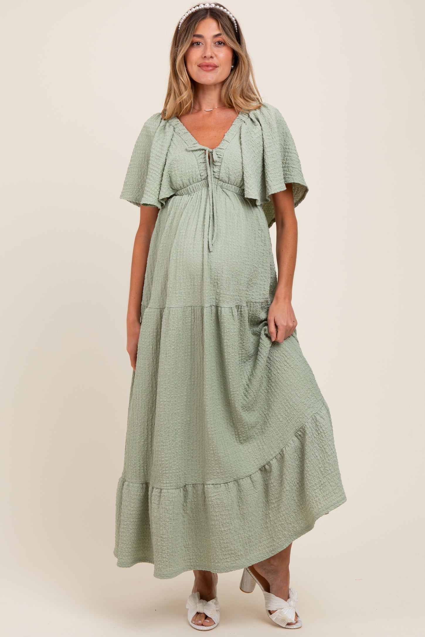Sage Woven Textured Flutter Sleeve V-Neck Tiered Maternity Maxi Dress