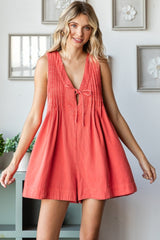 Coral Deep V-Neck Pleated Front Tie Sleeveless Maternity Romper