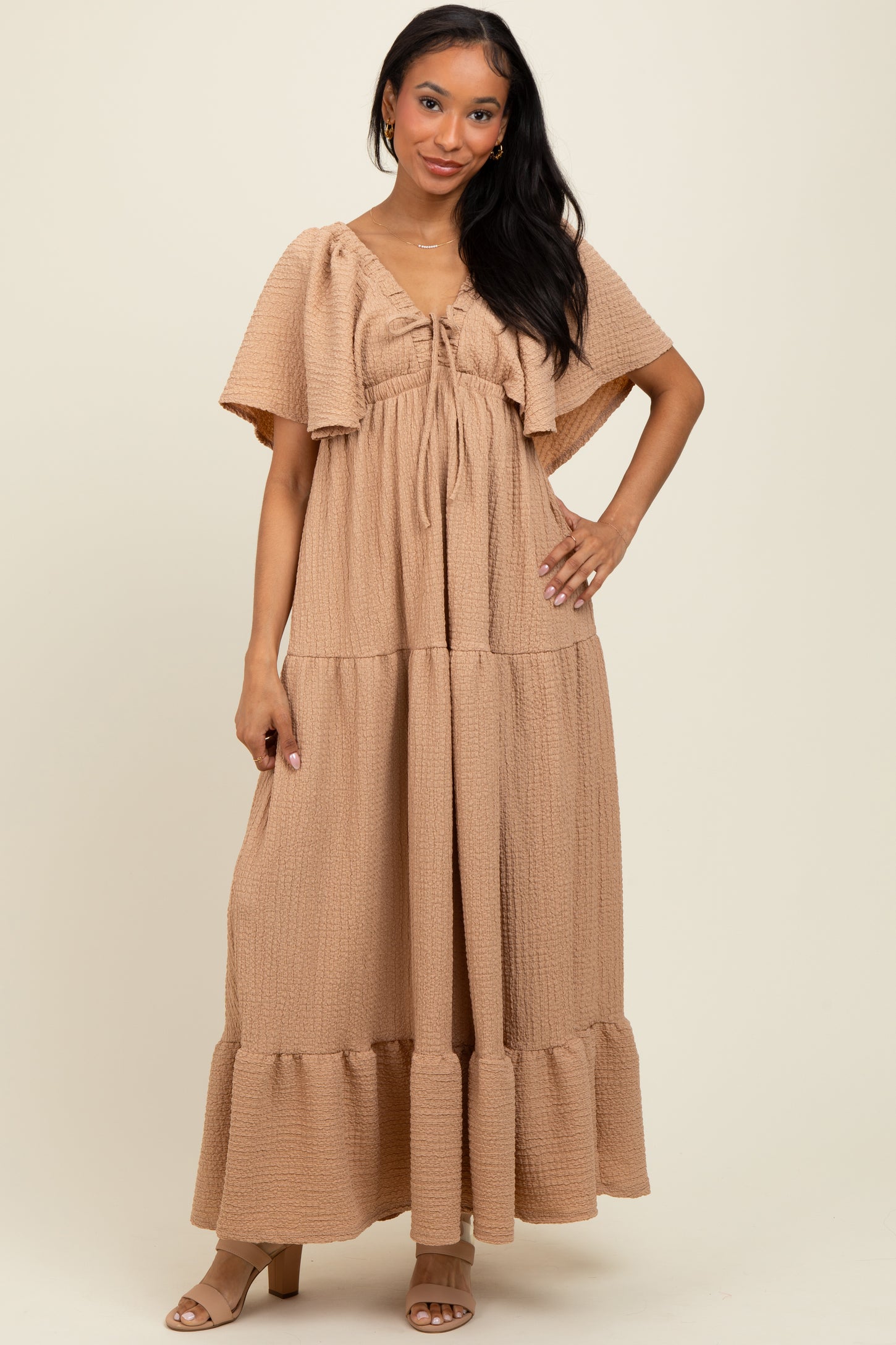 Taupe Woven Textured Flutter Sleeve V-Neck Tiered Maxi Dress