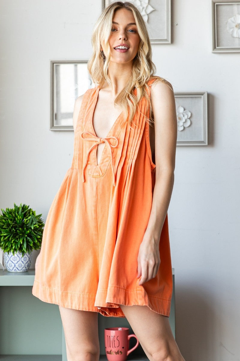 Orange Deep V-Neck Pleated Front Tie Sleeveless Maternity Romper
