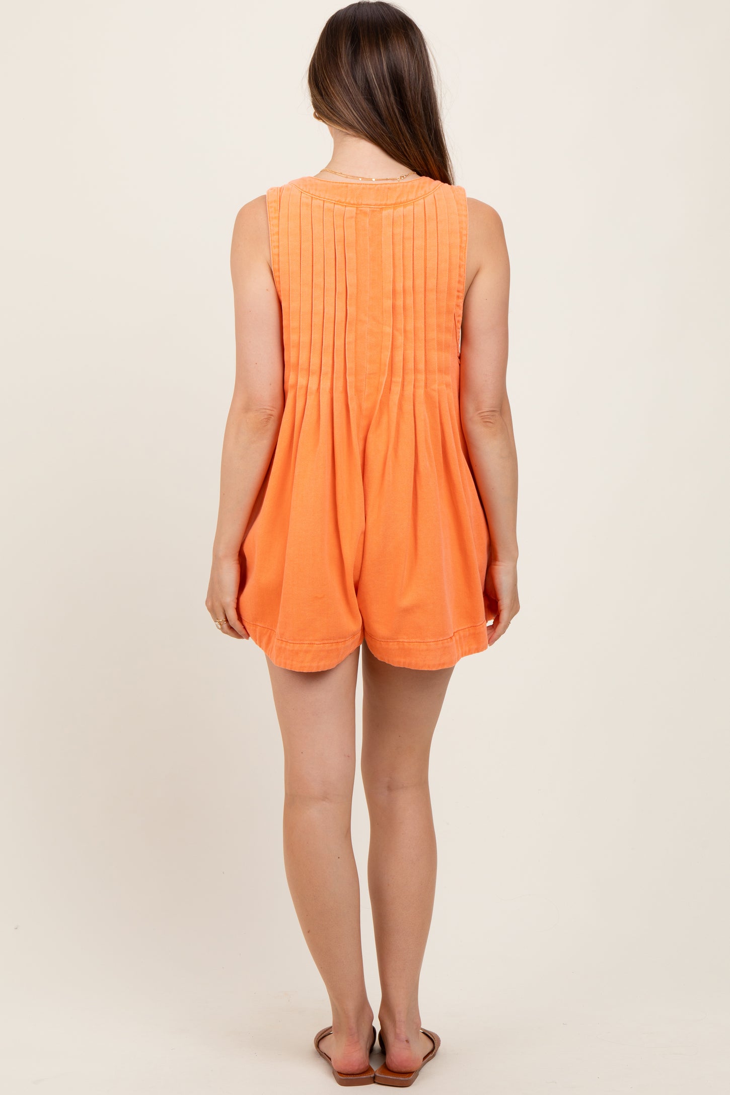 Orange Deep V-Neck Pleated Front Tie Sleeveless Maternity Romper