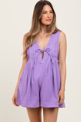 Lavender Deep V-Neck Pleated Front Tie Sleeveless Maternity Romper