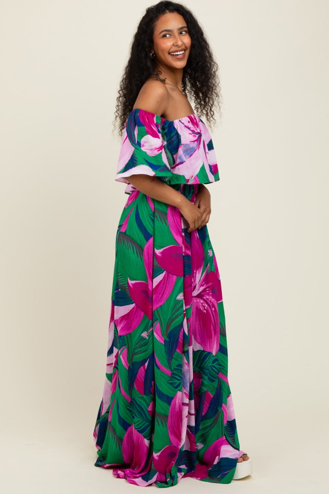 Purple Tropical Floral Off Shoulder Flounce Maxi Dress
