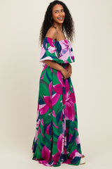Purple Tropical Floral Off Shoulder Flounce Maxi Dress