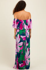 Purple Tropical Floral Off Shoulder Flounce Maternity Maxi Dress