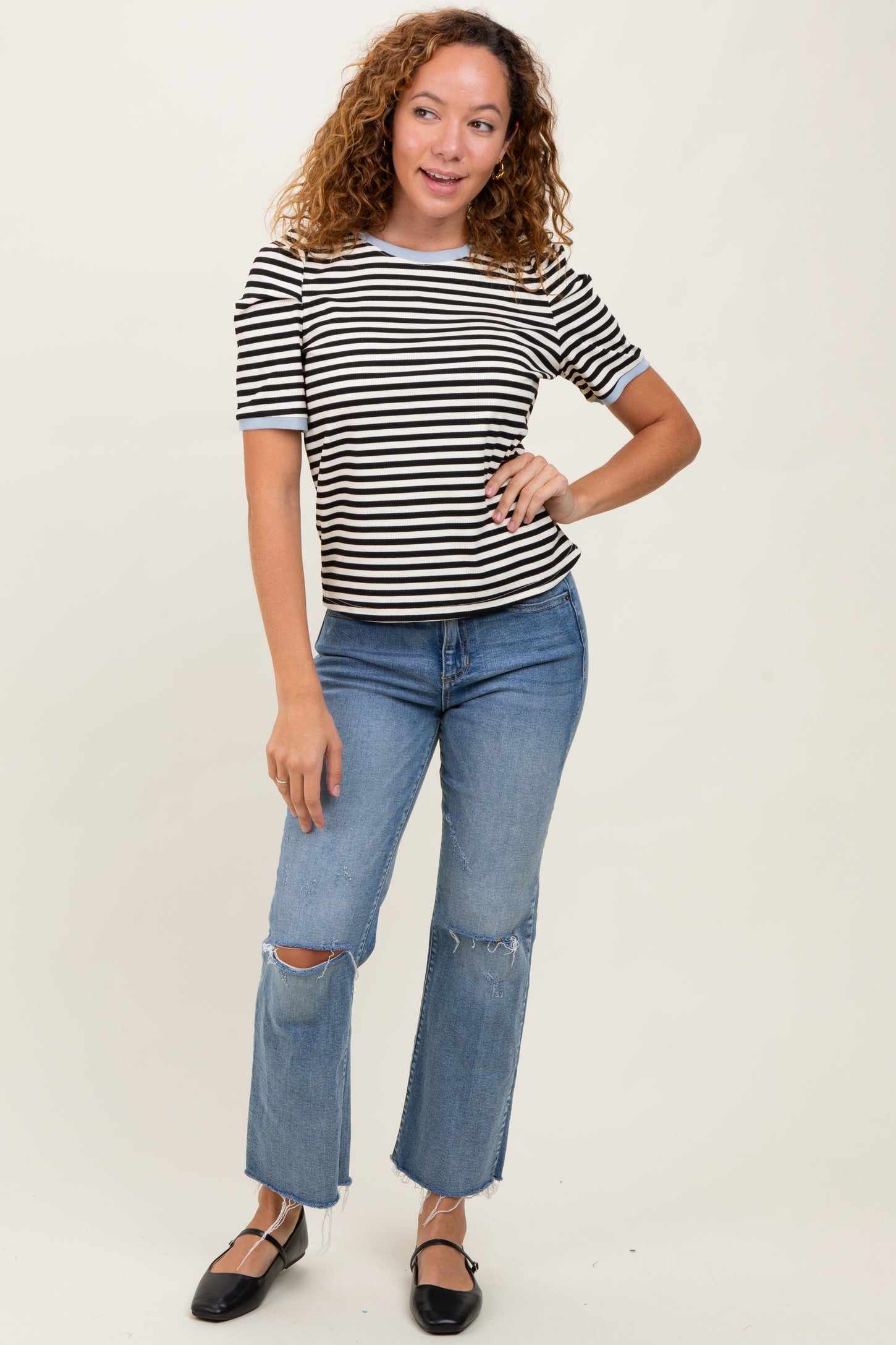 Black Striped Ribbed Puff Sleeve Top