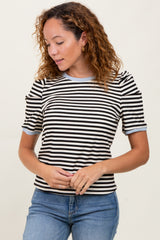 Black Striped Ribbed Puff Sleeve Top