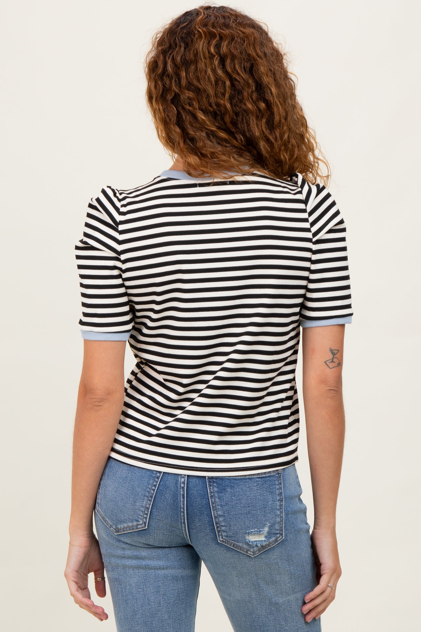 Black Striped Ribbed Puff Sleeve Top