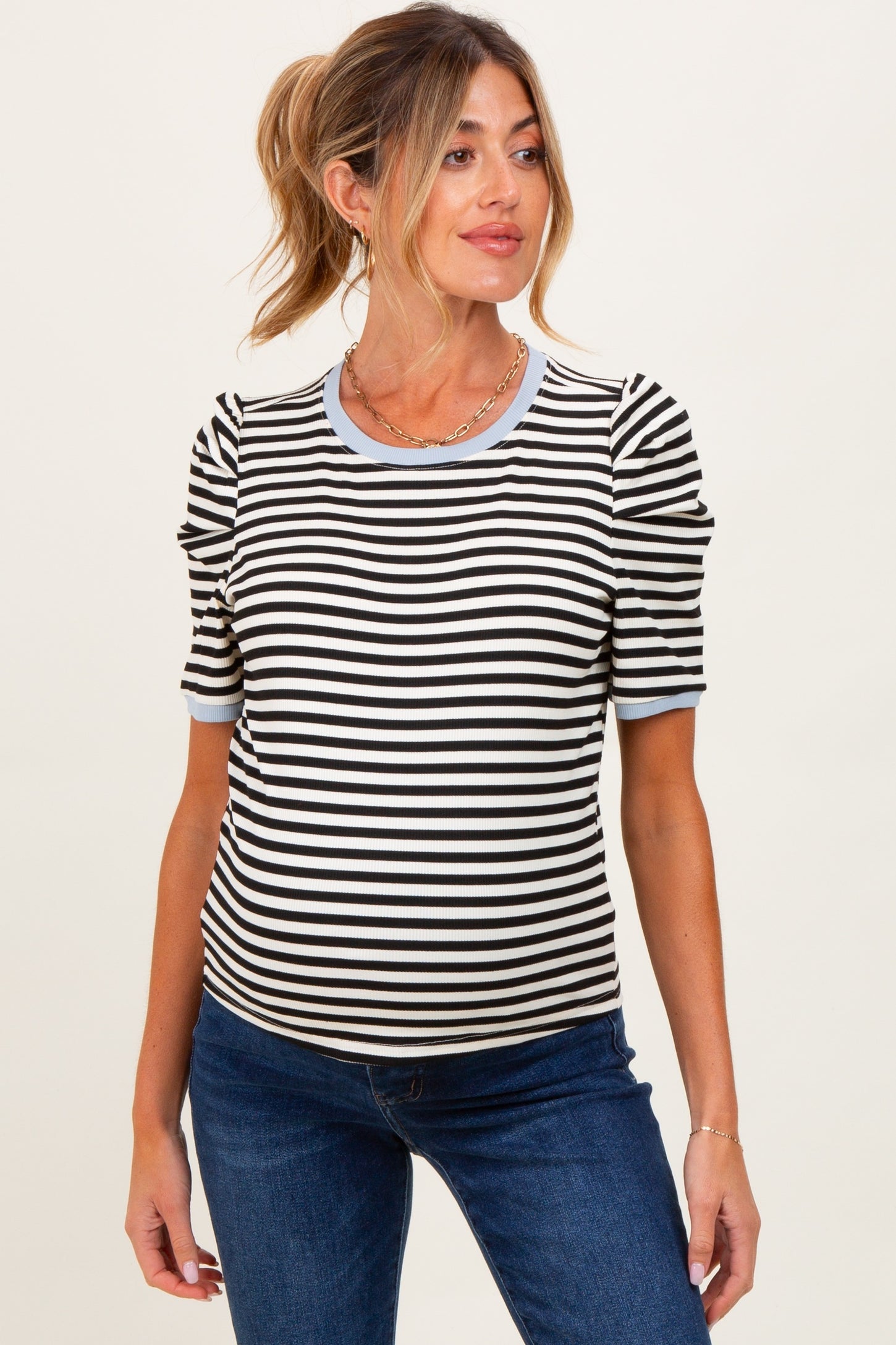 Black Striped Ribbed Puff Sleeve Maternity Top