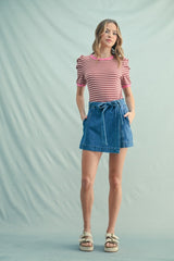 Burgundy Striped Ribbed Puff Sleeve Top