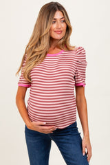 Burgundy Striped Ribbed Puff Sleeve Maternity Top