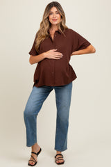 Brown Dolman Sleeve Button Down Maternity Blouse
