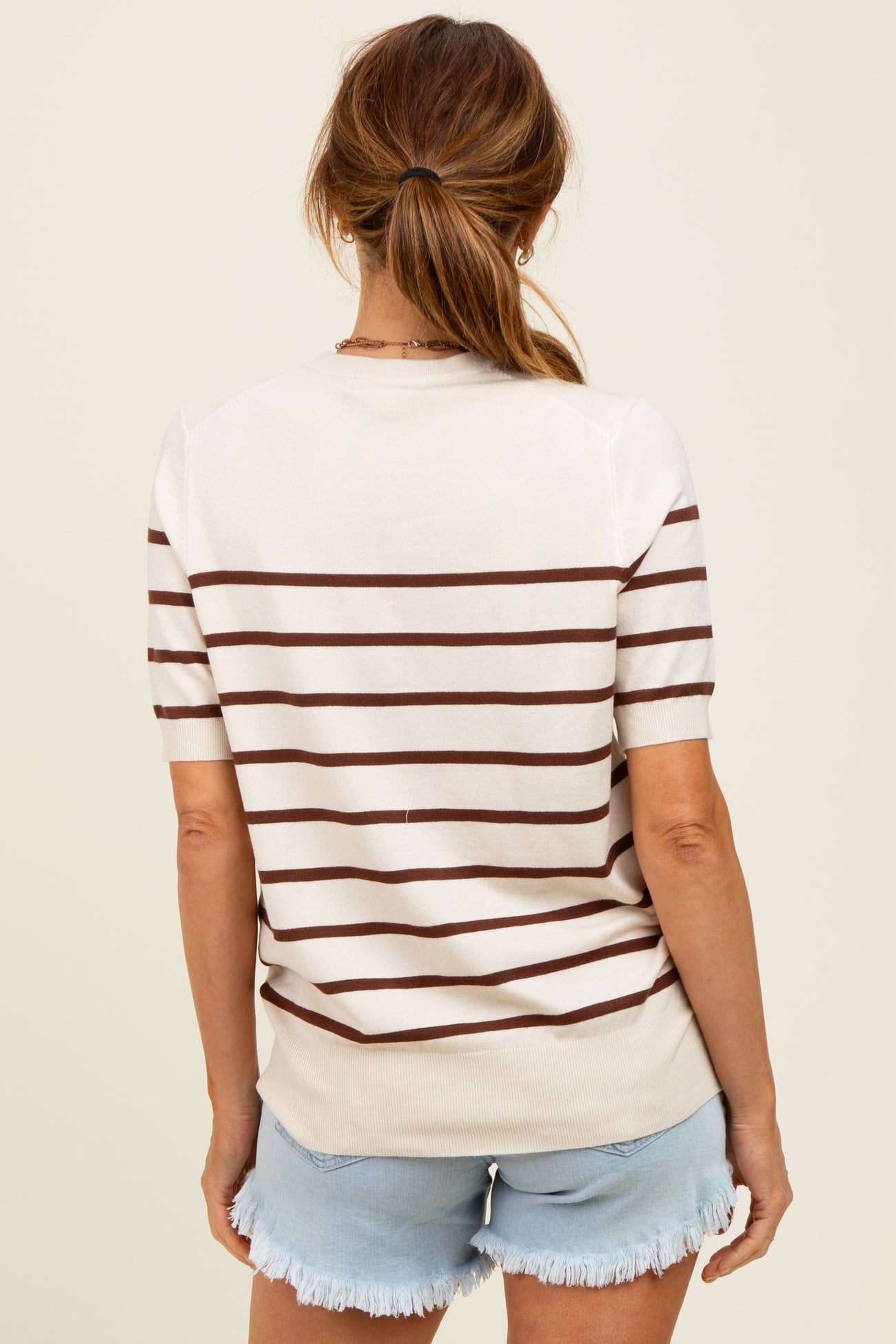 Brown Striped Knit Short Sleeve Top