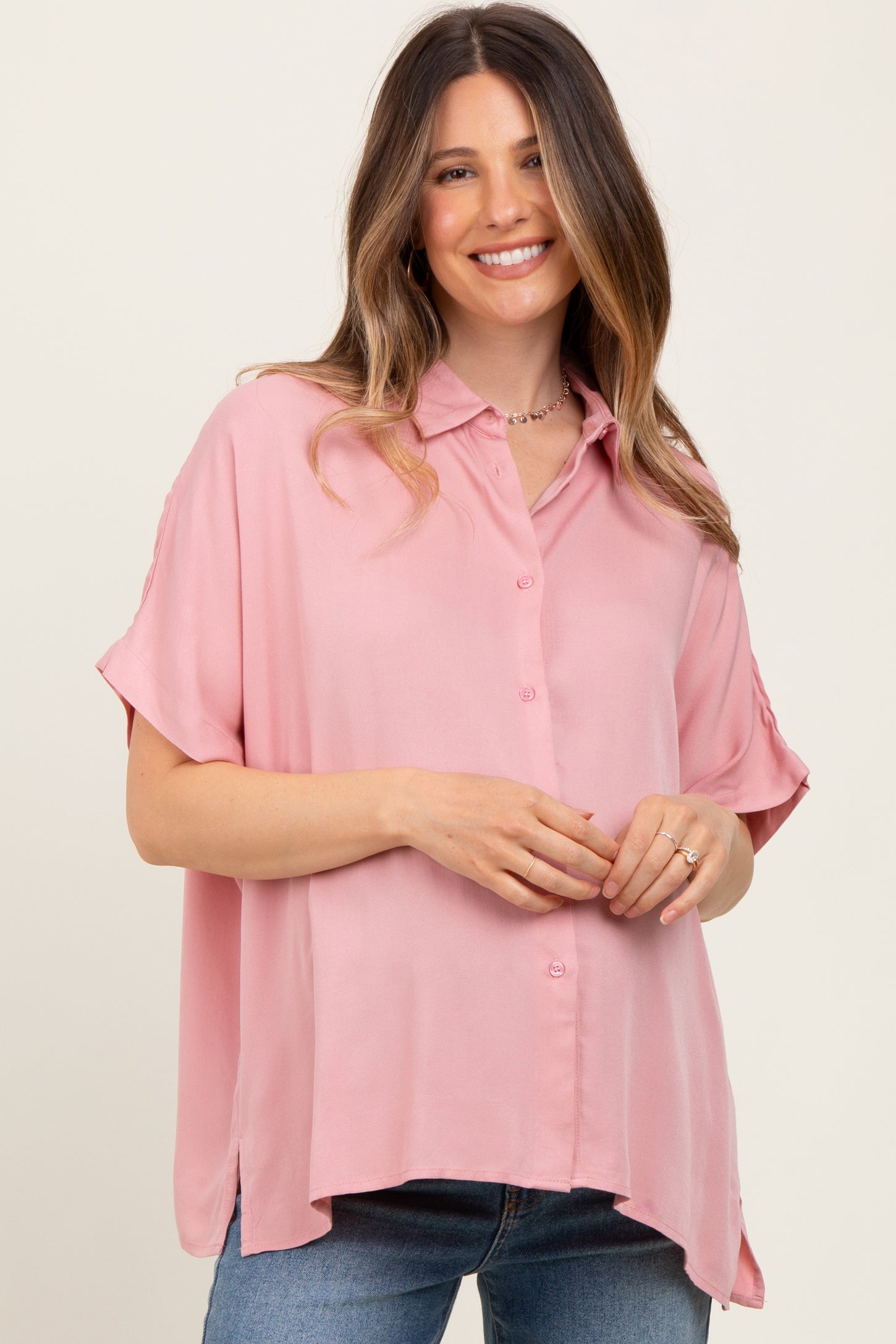 Light Pink Dolman Sleeve Button Down Maternity Blouse