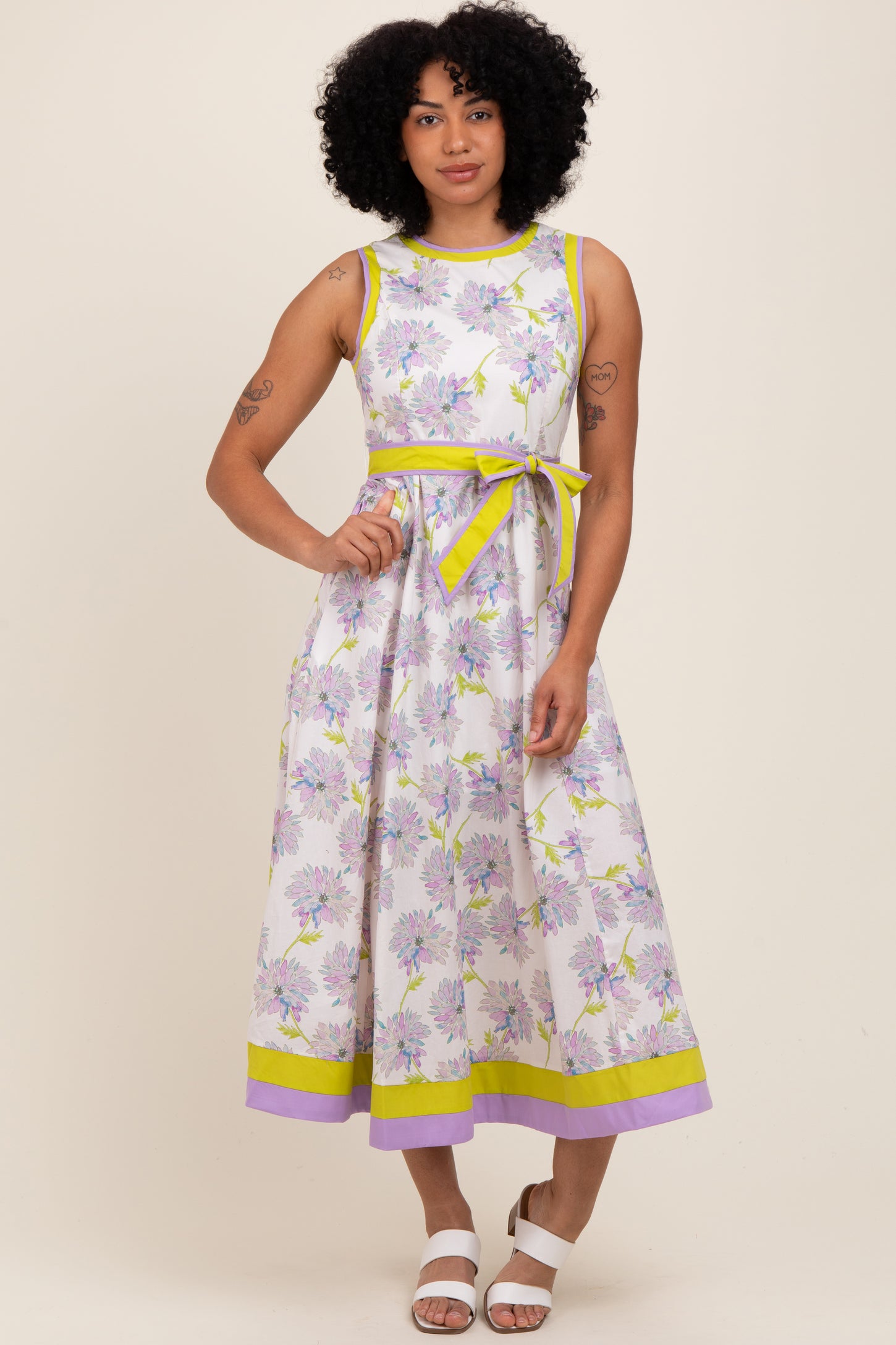 Lavender Floral Sleeveless Sash Tie Maternity Midi Dress