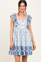 Blue Damask Ruffle Sleeve Mini Dress