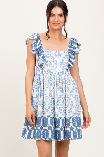Blue Damask Ruffle Sleeve Mini Dress