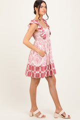 Mauve Damask Ruffle Sleeve Mini Dress