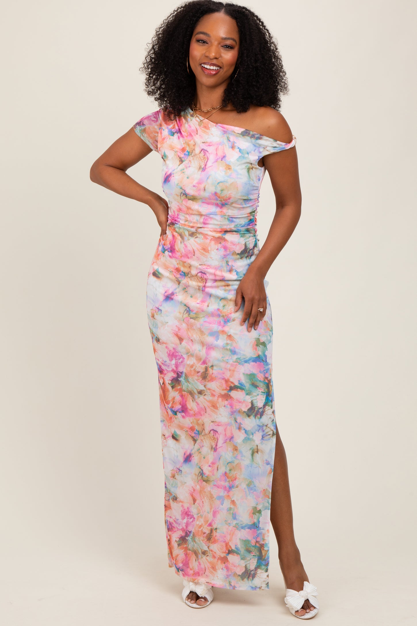 Floral One Shoulder Side Slit Maxi Dress