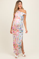 Floral One Shoulder Side Slit Maternity Maxi Dress