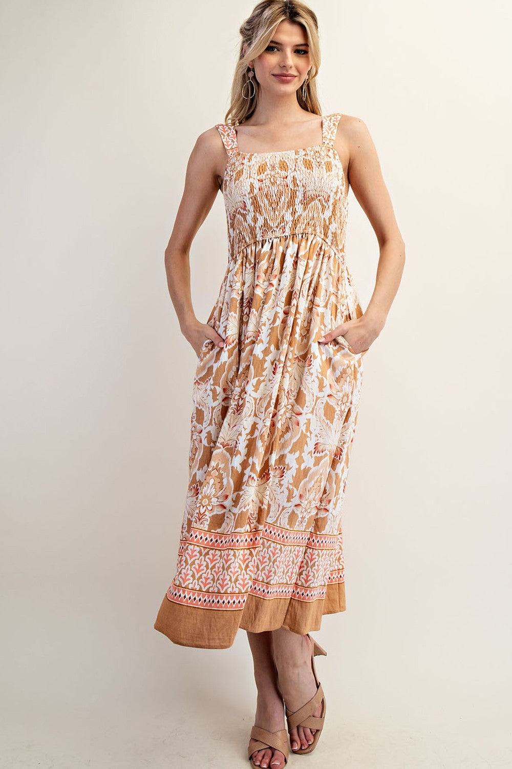 sleeveless smocked midi dress Sleeveless Smocked Shirred Waist Midi Dress M