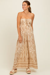 Light Mocha Printed Strapless Front Tie Maternity Jumpsuit
