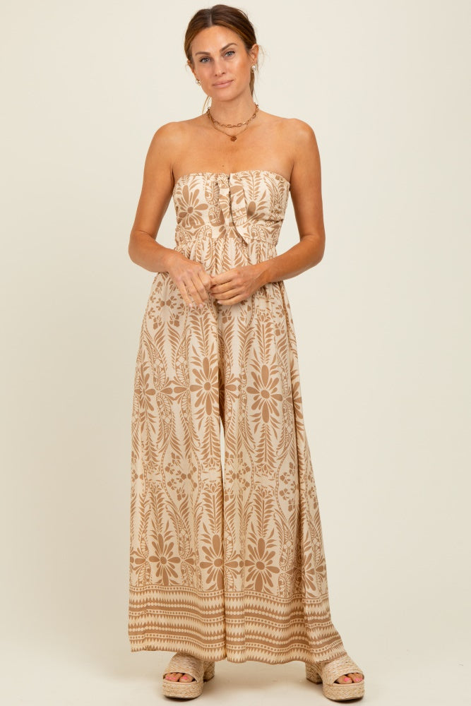 Light Mocha Printed Strapless Front Tie Jumpsuit