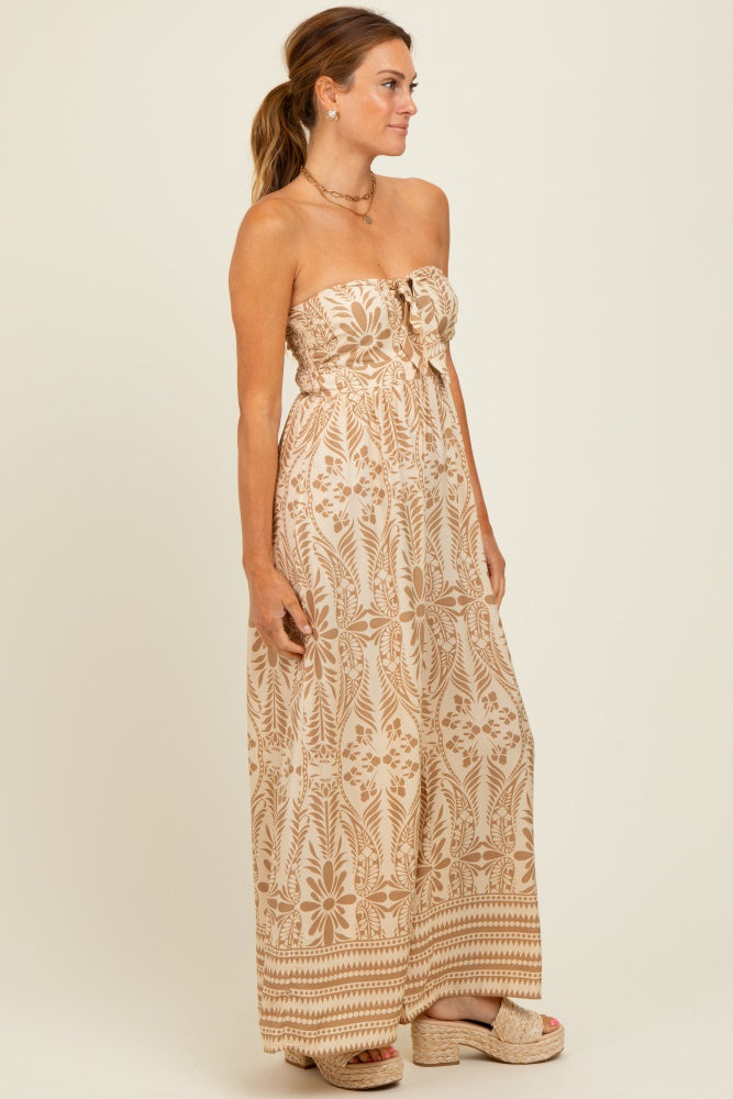 Light Mocha Printed Strapless Front Tie Jumpsuit