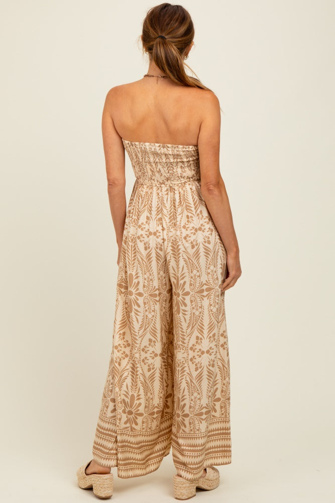 Light Mocha Printed Strapless Front Tie Jumpsuit