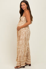 Light Mocha Printed Strapless Front Tie Maternity Jumpsuit