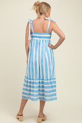 Light Blue Wide Stripe Shoulder Tie Maternity Midi Dress