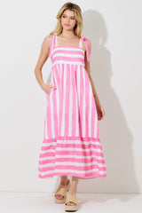 Pink Wide Stripe Shoulder Tie Maternity Midi Dress