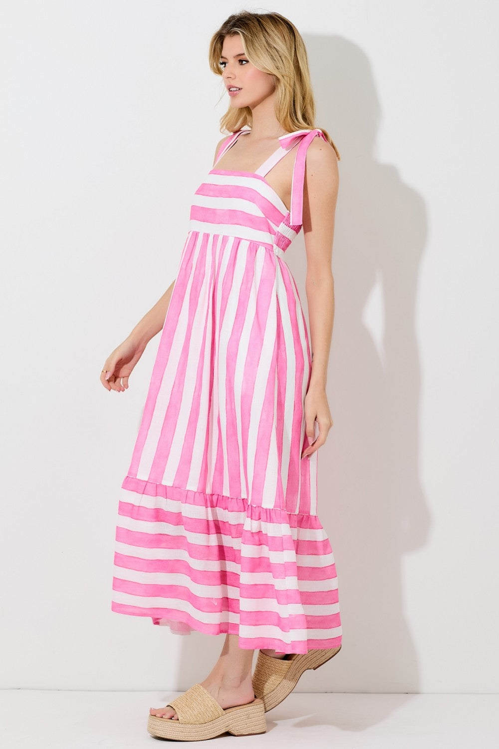 Pink Wide Stripe Shoulder Tie Midi Dress