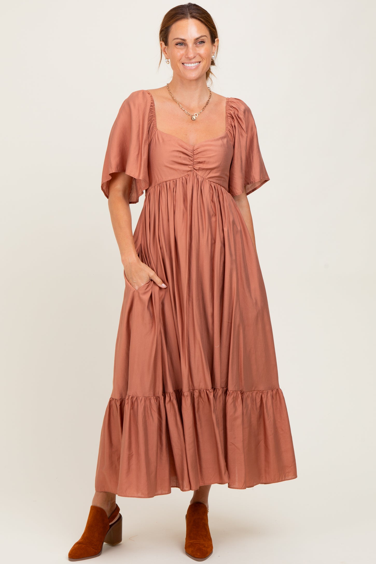 Rust Flutter Sleeve Ruffle Hem Maternity Midi Dress PinkBlush Rust Flutter Sleeve Ruffle Hem Maternity Midi Dress PinkBlush