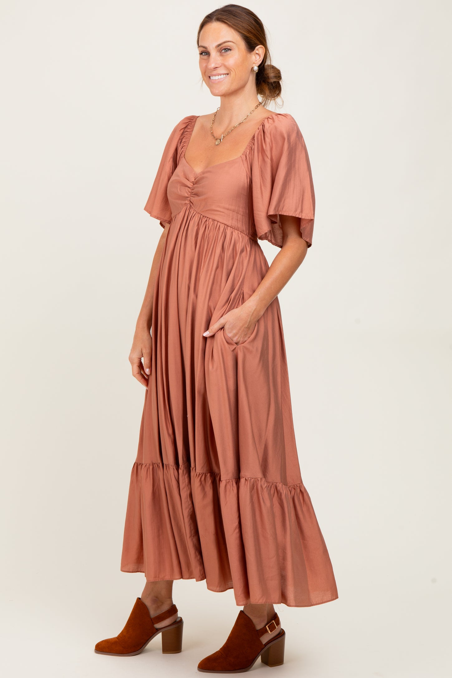 rust midi dress Rust Flutter Sleeve Ruffle Hem Midi Dress – PinkBlush