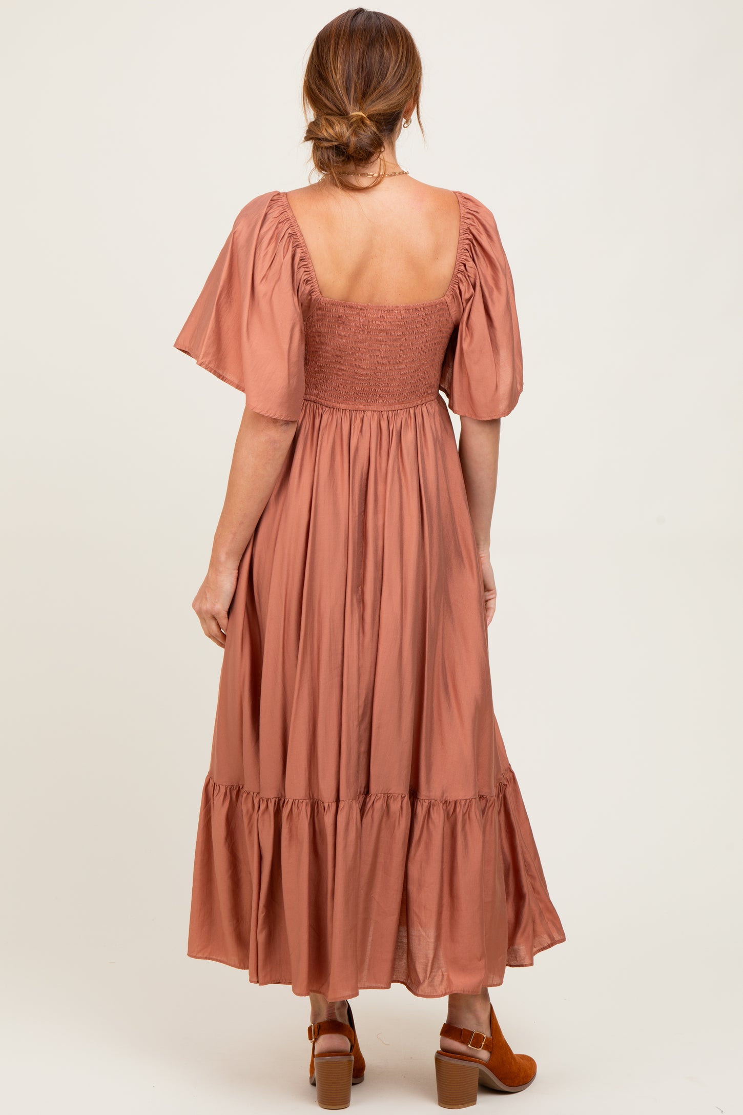 Rust Flutter Sleeve Ruffle Hem Midi Dress