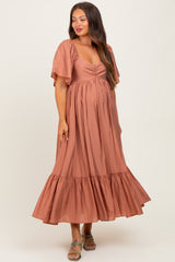 Rust Flutter Sleeve Ruffle Hem Maternity Midi Dress