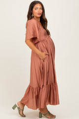 Rust Flutter Sleeve Ruffle Hem Maternity Midi Dress